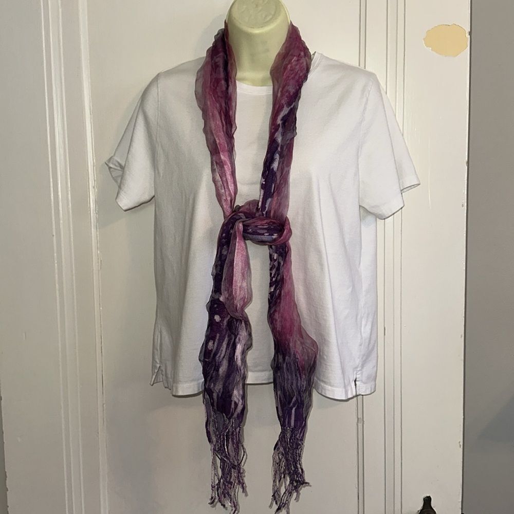 Purple, pink & white long double layer crinkle scarf or belt with fringe hem‎